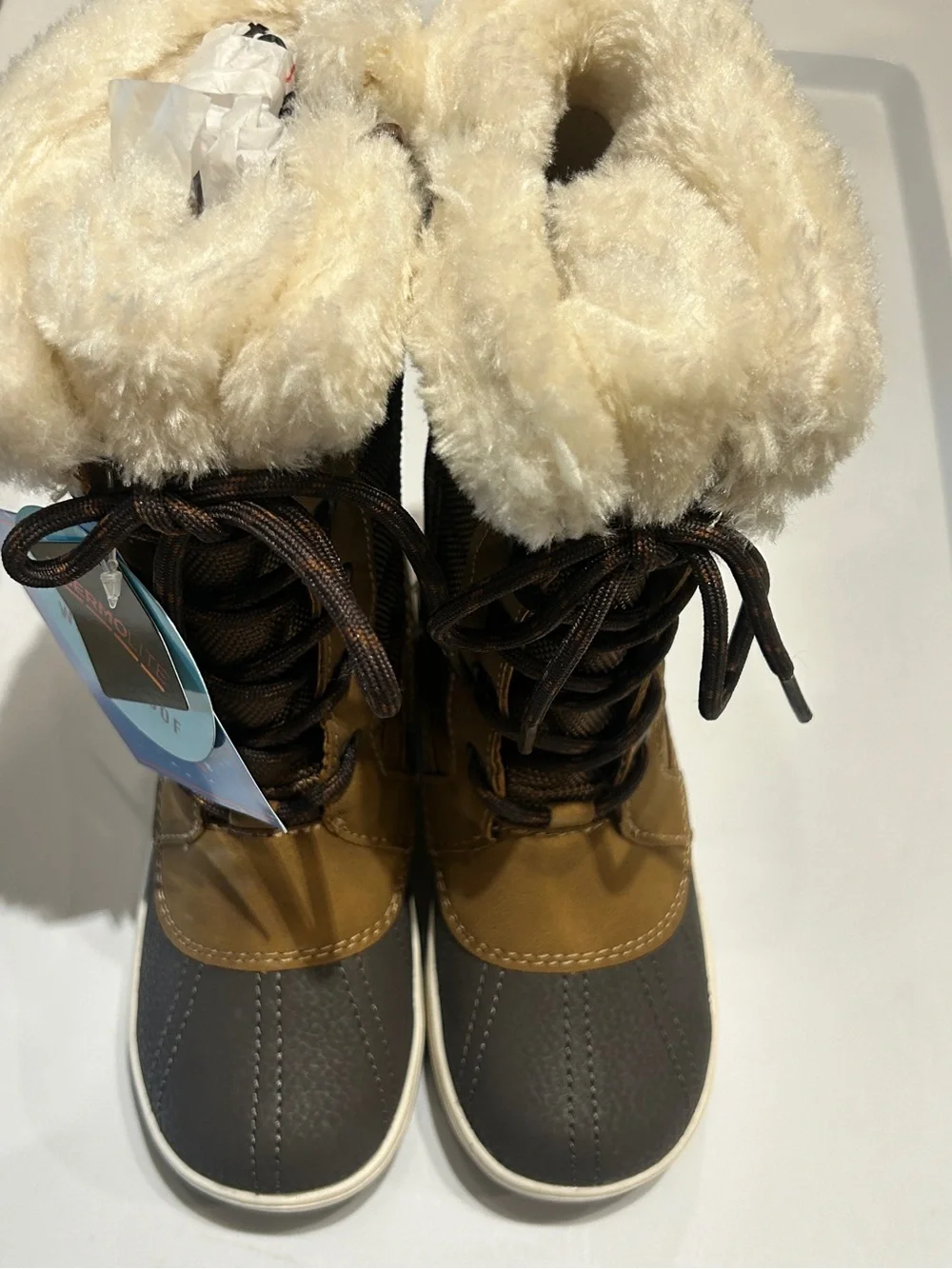 Totes Girls Size 12 Insulated Winter Boots Brown Black Faux Fur LaceUp Snow Boot